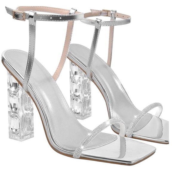 🆕Transparent Crystal High Heels Leather Rhinestone Strappy Open Evening Shoe - Picture 3 of 6